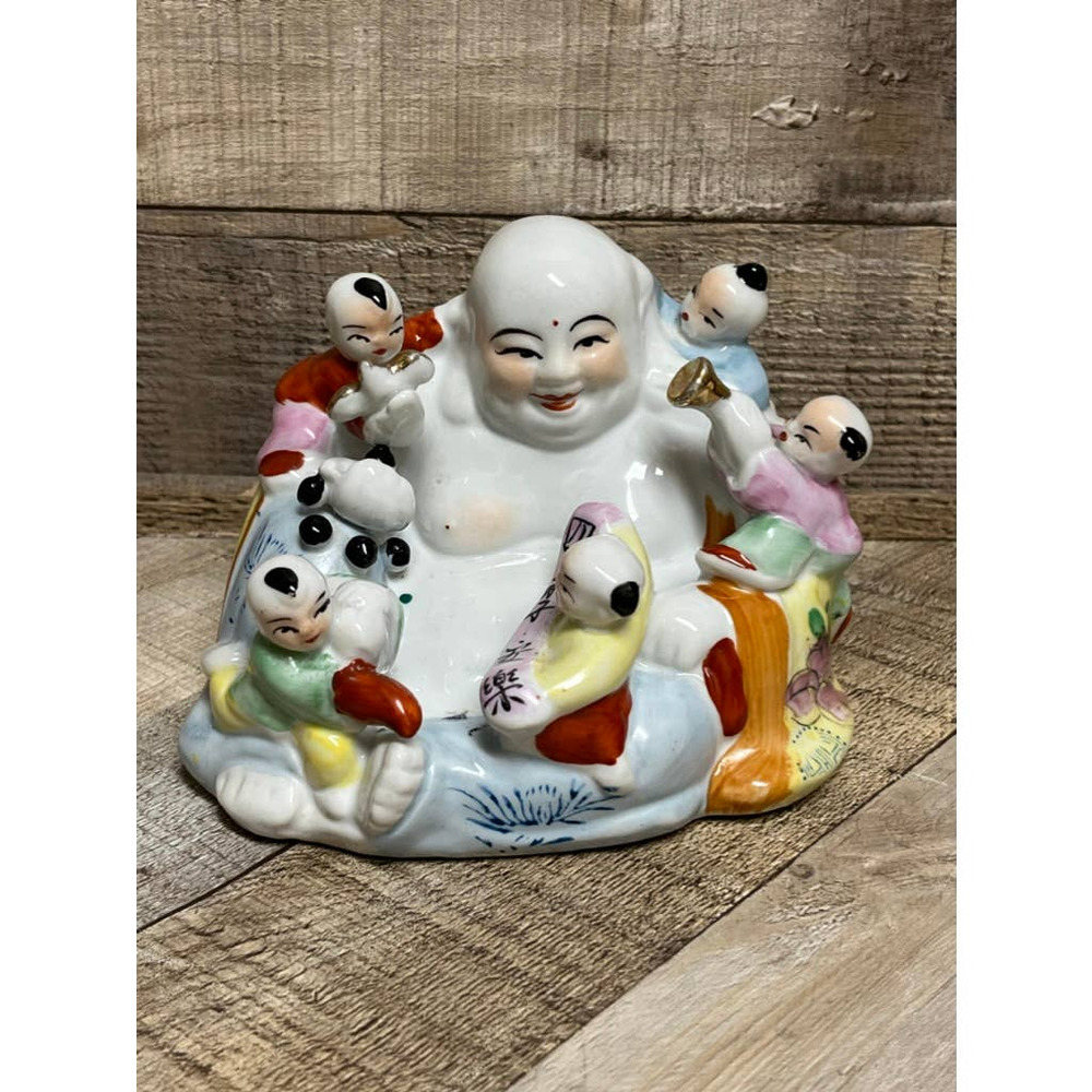 Vintage Chinese Laughing Buddha with Five Children Figurine